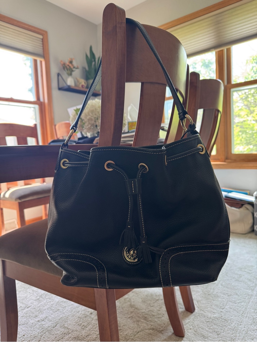 Dooney & Bourke Black Pebbled Leather Drawstring Shoulder Bag Tassel Hobo Purse